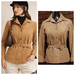 Tan Belted Suede Blazer Size 6 Classic Safari Equestrian Tailored Jacket